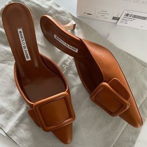 SOLD NIB Manolo Blahnik Maysale Mule 37.5 Tan Cognac Brown 50mm w/Receipt
